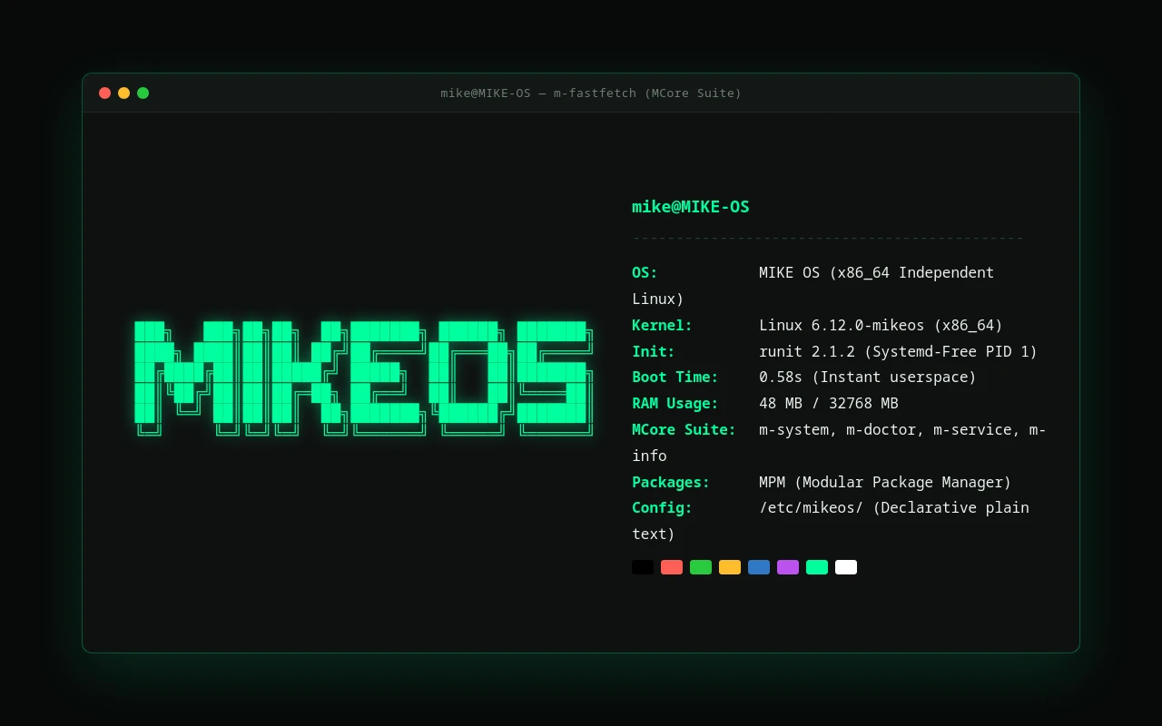 Captura de pantalla de MIKE OS con m-fastfetch y MCore